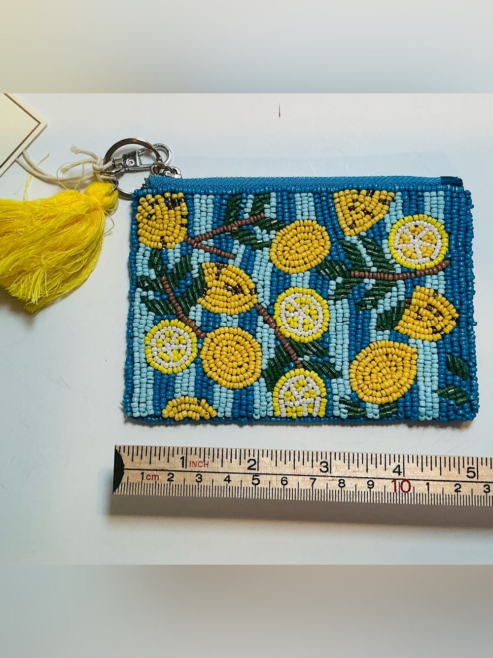 * Beaded Lemon Motif Zippered Pouch - Blue & Yellow